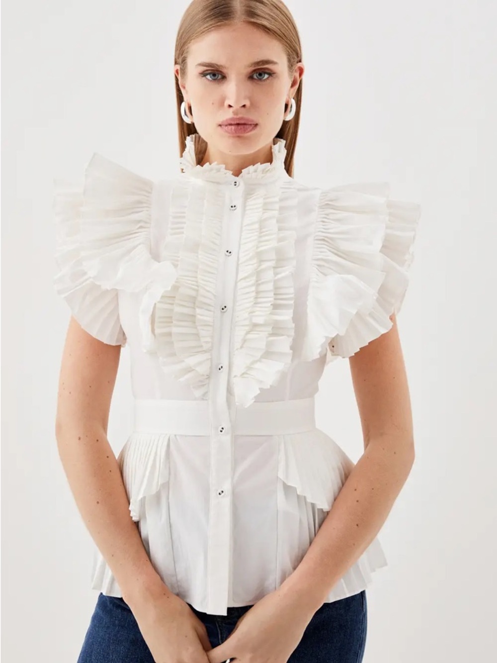 Karen Millen Sleeveless Pleated White Ruffle Detail Blouse sz 8